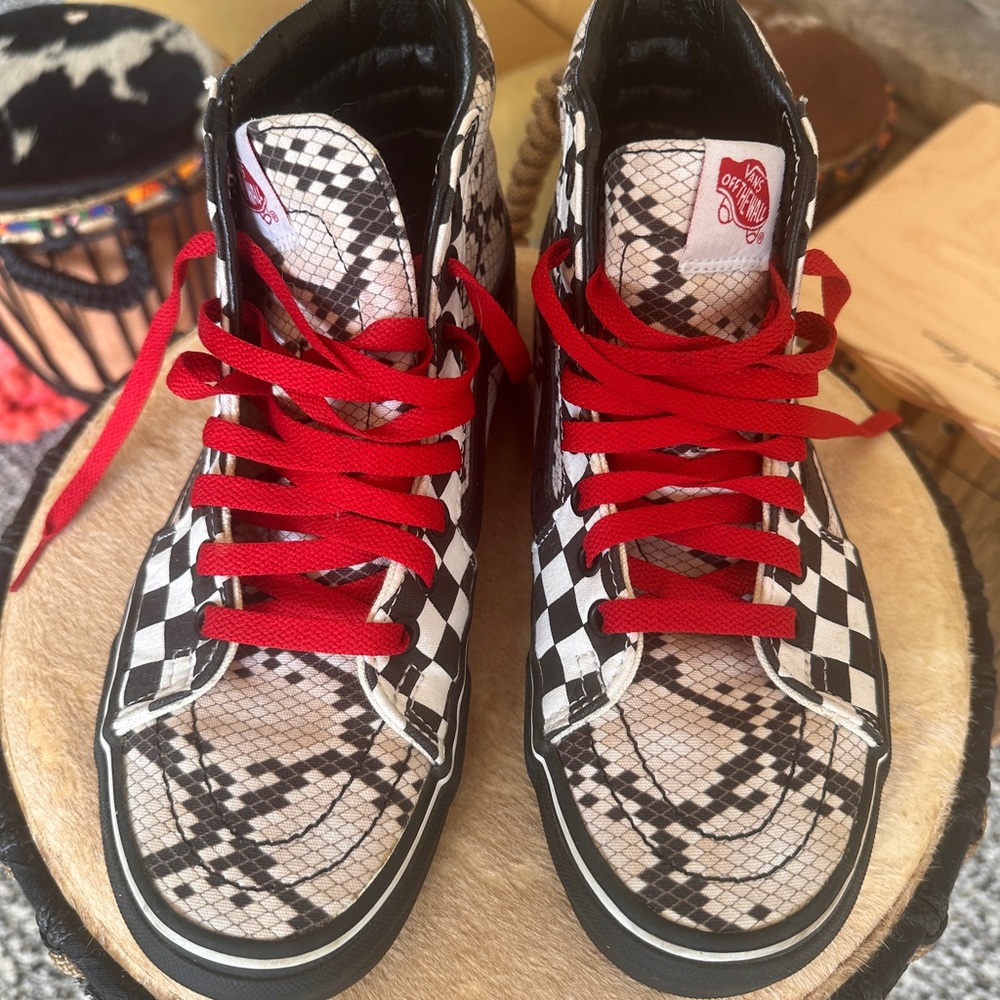 Custom Vans Snakeskin Checkerboard Black and White Sneakers with Red Laces